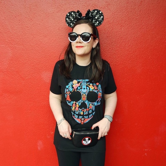 Custom Halloween Time Skeleton Mouse Ears with Black Sequin Bow - Picture 2 of 3